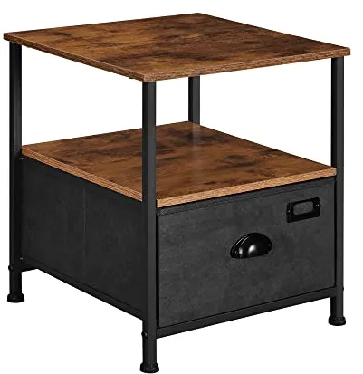 SONGMICS stolik nocny, z 2 półkami i 1 szufladą - rustykalny brąz MDF i czarny imitowany zamsz/metal (41x41)
